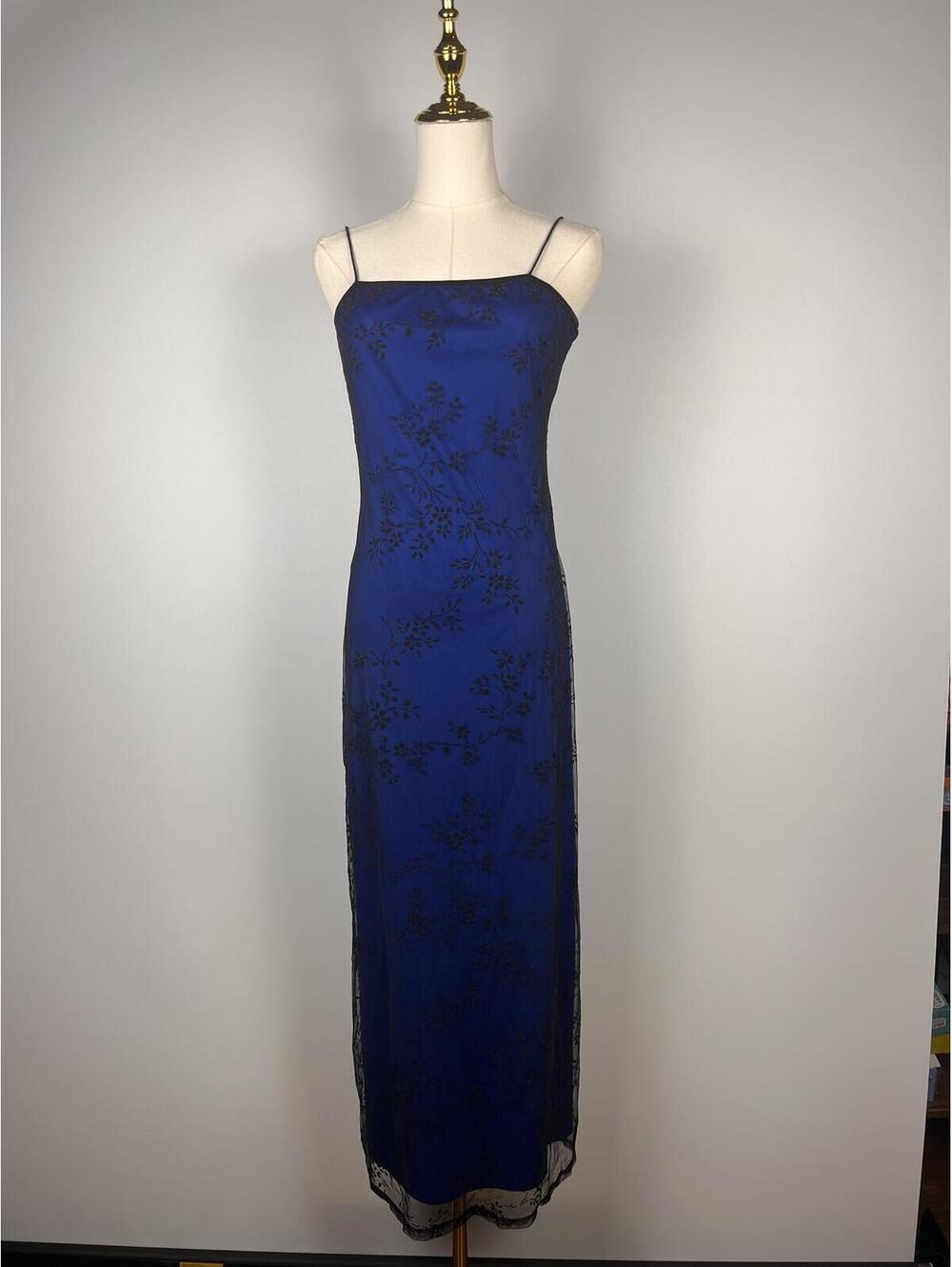 True Y2K Byer Too California Blue Mesh Overlay Slip Dress Floral Flocked Maxi M